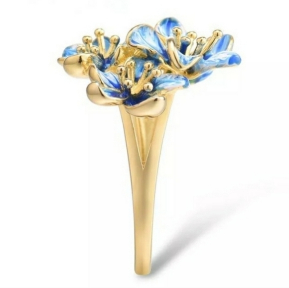 New Yellow Gold Blue Flowers Ring - Picture 4 of 4